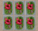 Six identical cards with a red flower design on a textured beige background