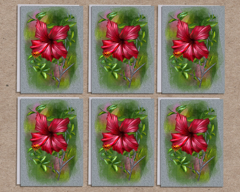 Six identical cards with a red flower design on a textured beige background