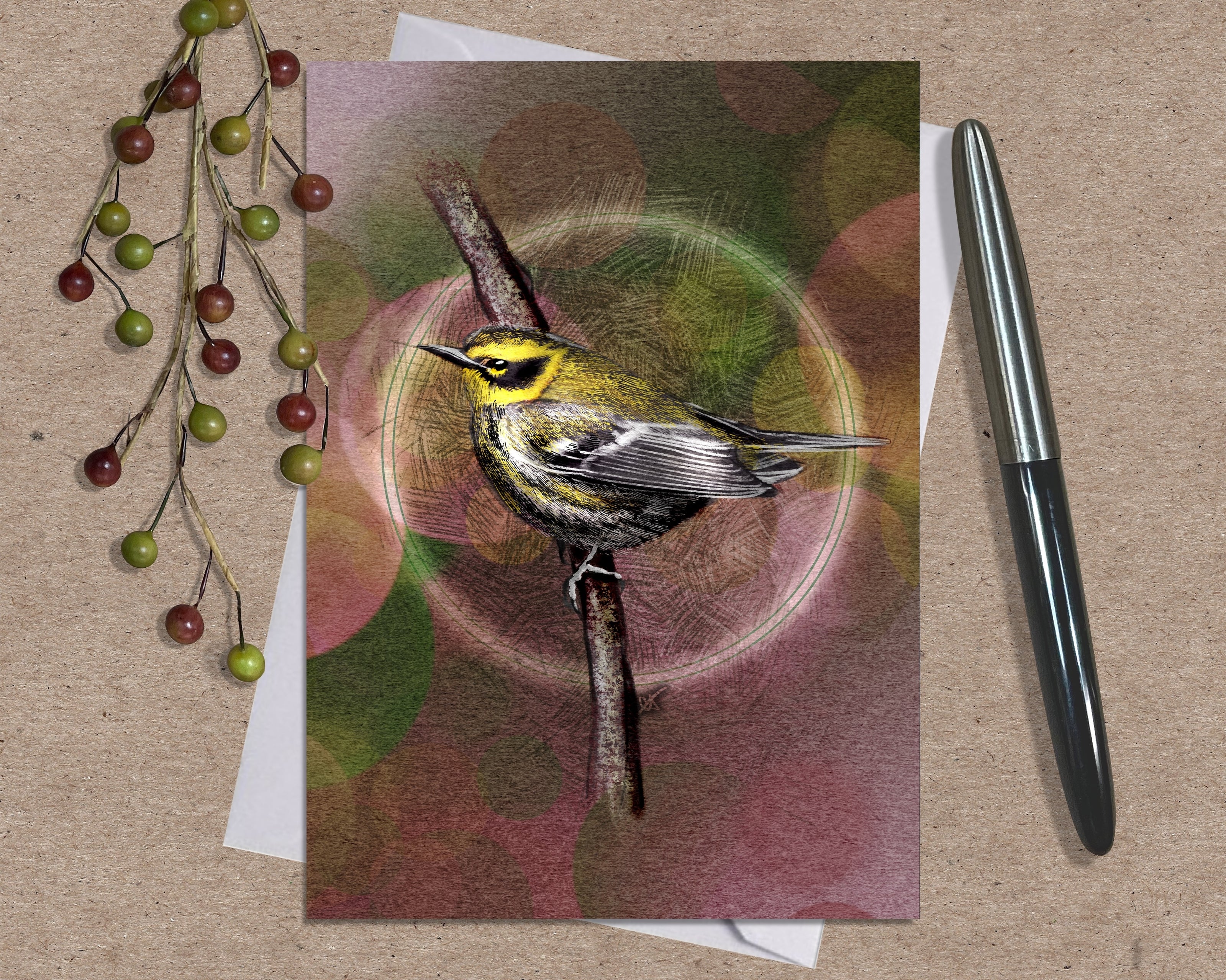 Greeting card with a bird illustration on a textured surface with a pen and decorative elements.
