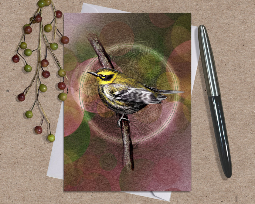 Greeting card with a bird illustration on a textured surface with a pen and decorative elements.