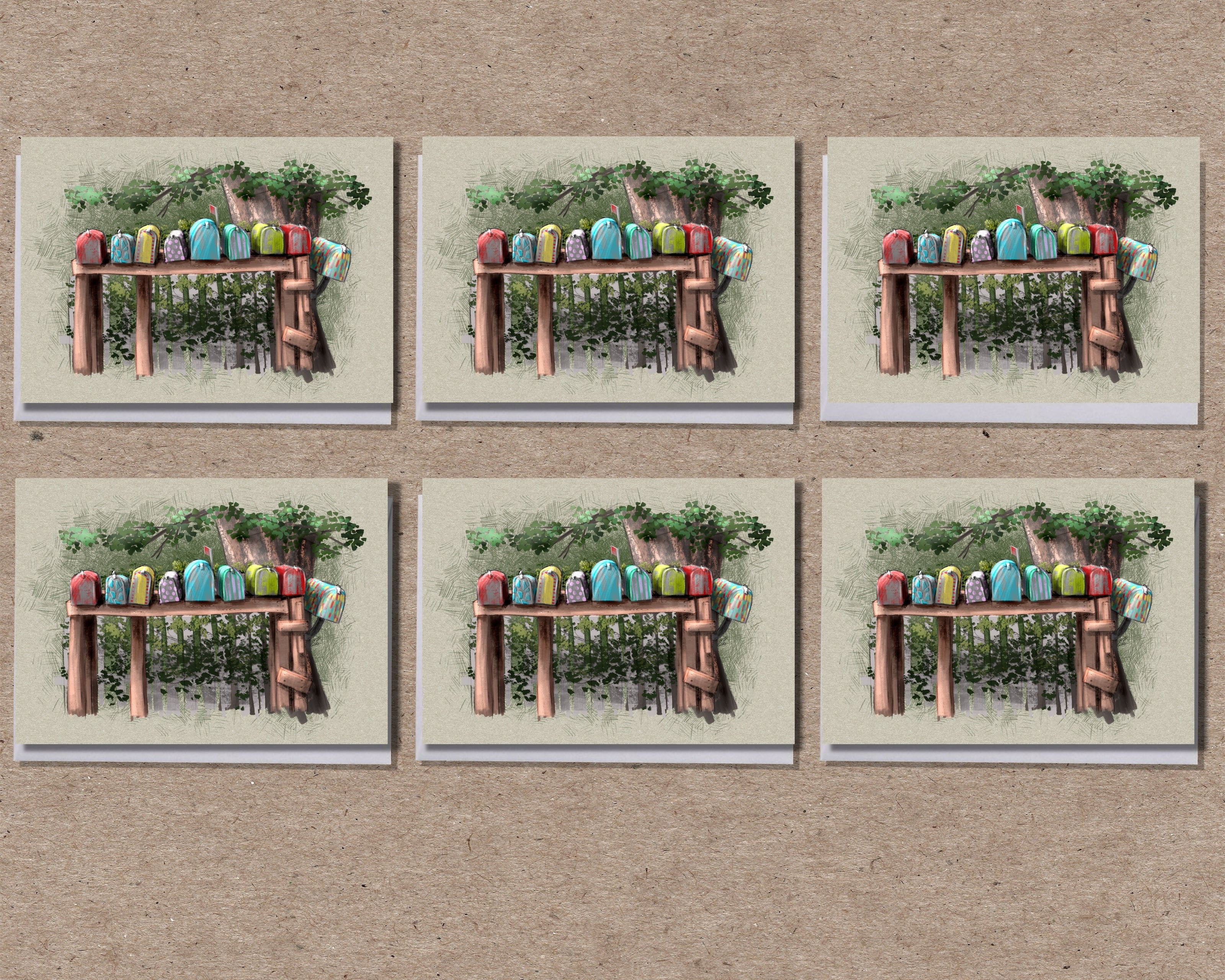 Set of six greeting cards with a wooden bench and colorful birds design on a textured brown background.