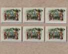 Set of six greeting cards with a wooden bench and colorful birds design on a textured brown background.