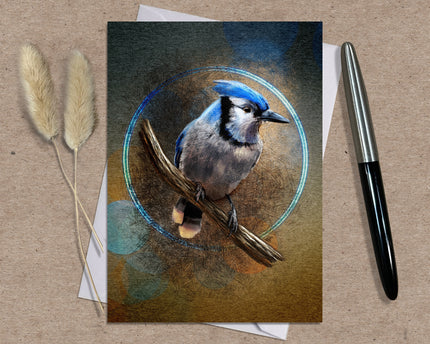 Greeting card with a blue jay illustration on a brown surface with a pen and dried plants.