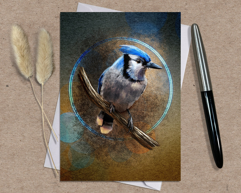 Greeting card with a blue jay illustration on a brown surface with a pen and dried plants.