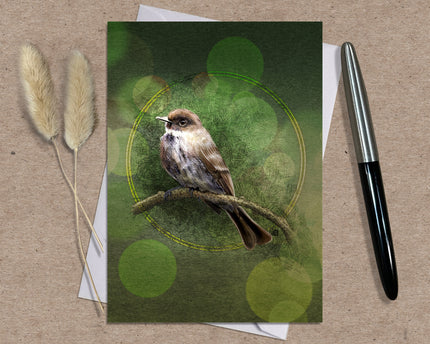 Card with a bird illustration on a green background, placed on a textured surface with a pen and dried plants.