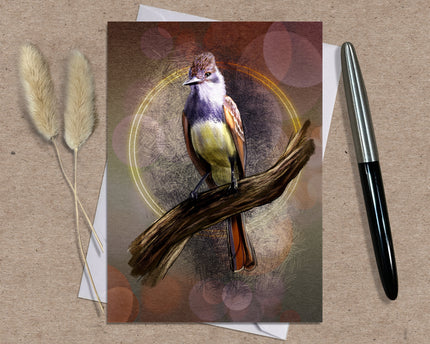 Greeting card with a bird illustration on a textured surface with a pen and dried plants.
