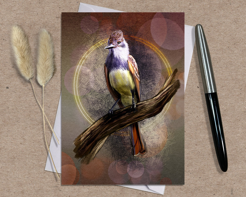Greeting card with a bird illustration on a textured surface with a pen and dried plants.