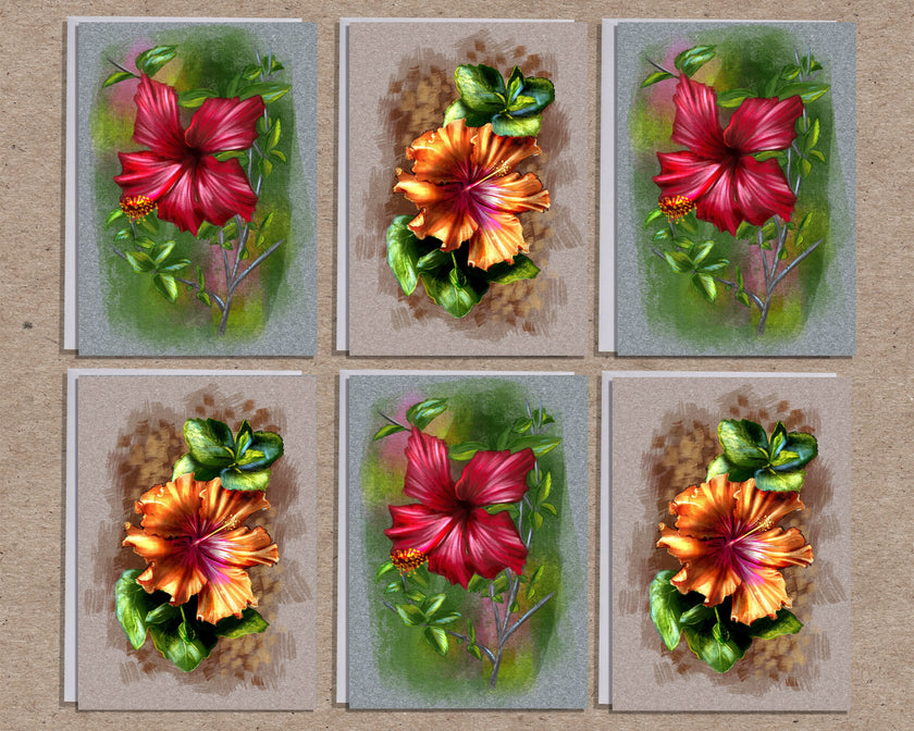Six floral cards with red and orange flowers on a textured beige background