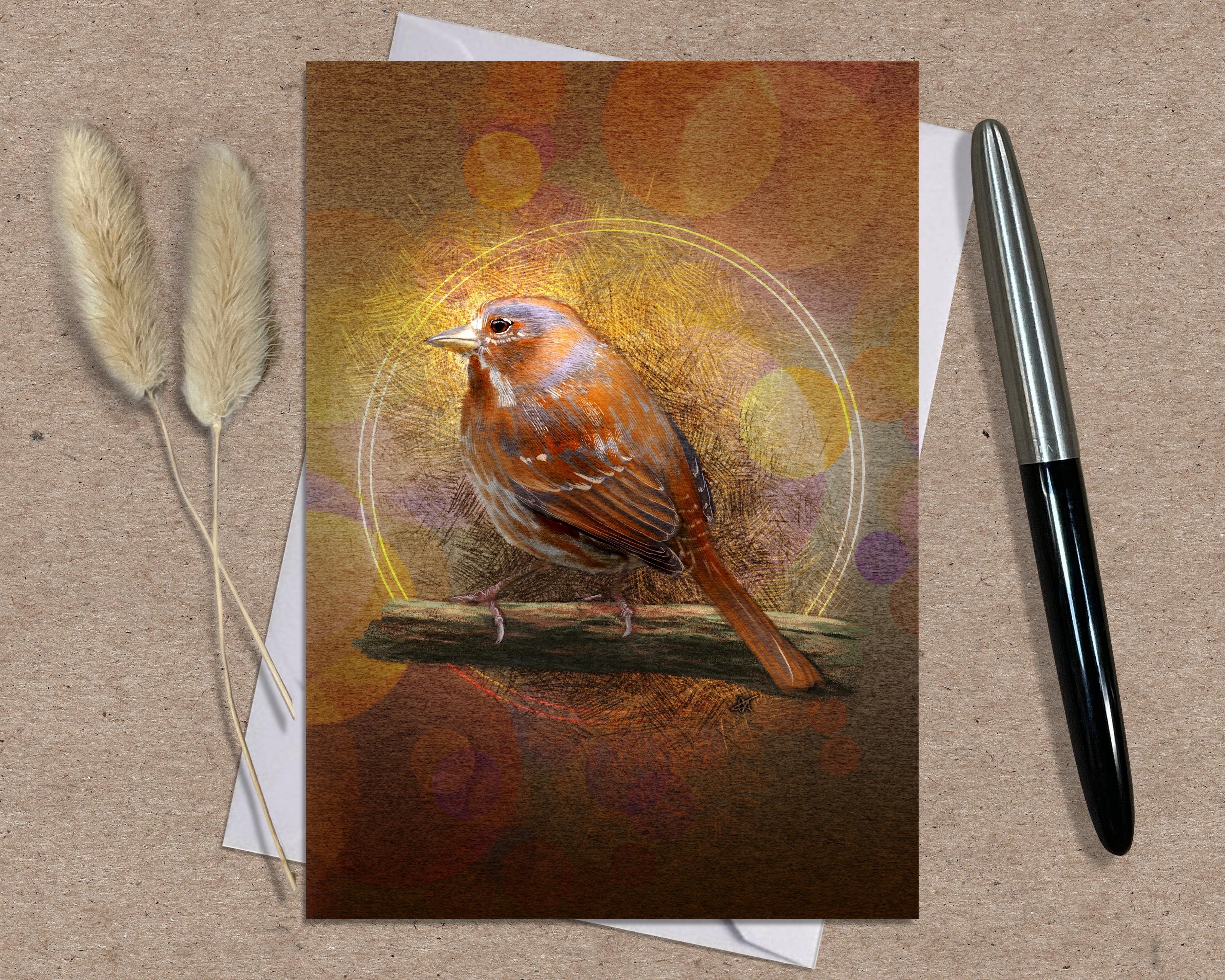 Greeting card with a bird illustration on a textured surface with a pen and dried plants.