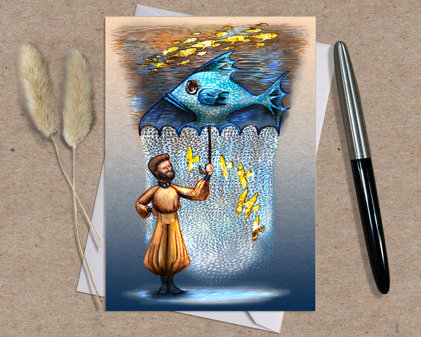 Greeting card with an illustration of a man and fish on a textured surface with a pen and dried plants.
