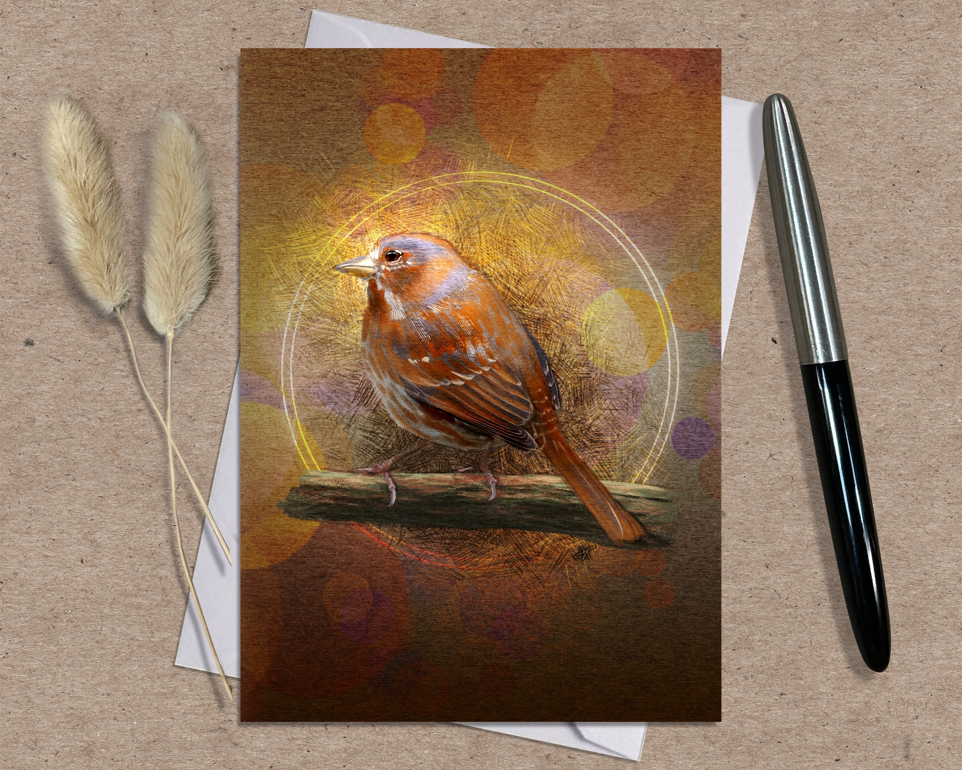 Greeting card with a bird illustration on a textured surface with a pen and dried plants.