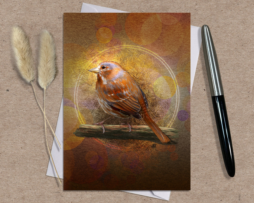 Greeting card with a bird illustration on a textured surface with a pen and dried plants.