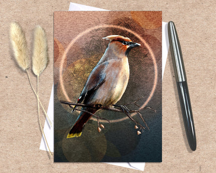 Greeting card with a bird illustration on a brown background, accompanied by a pen and dried plants.