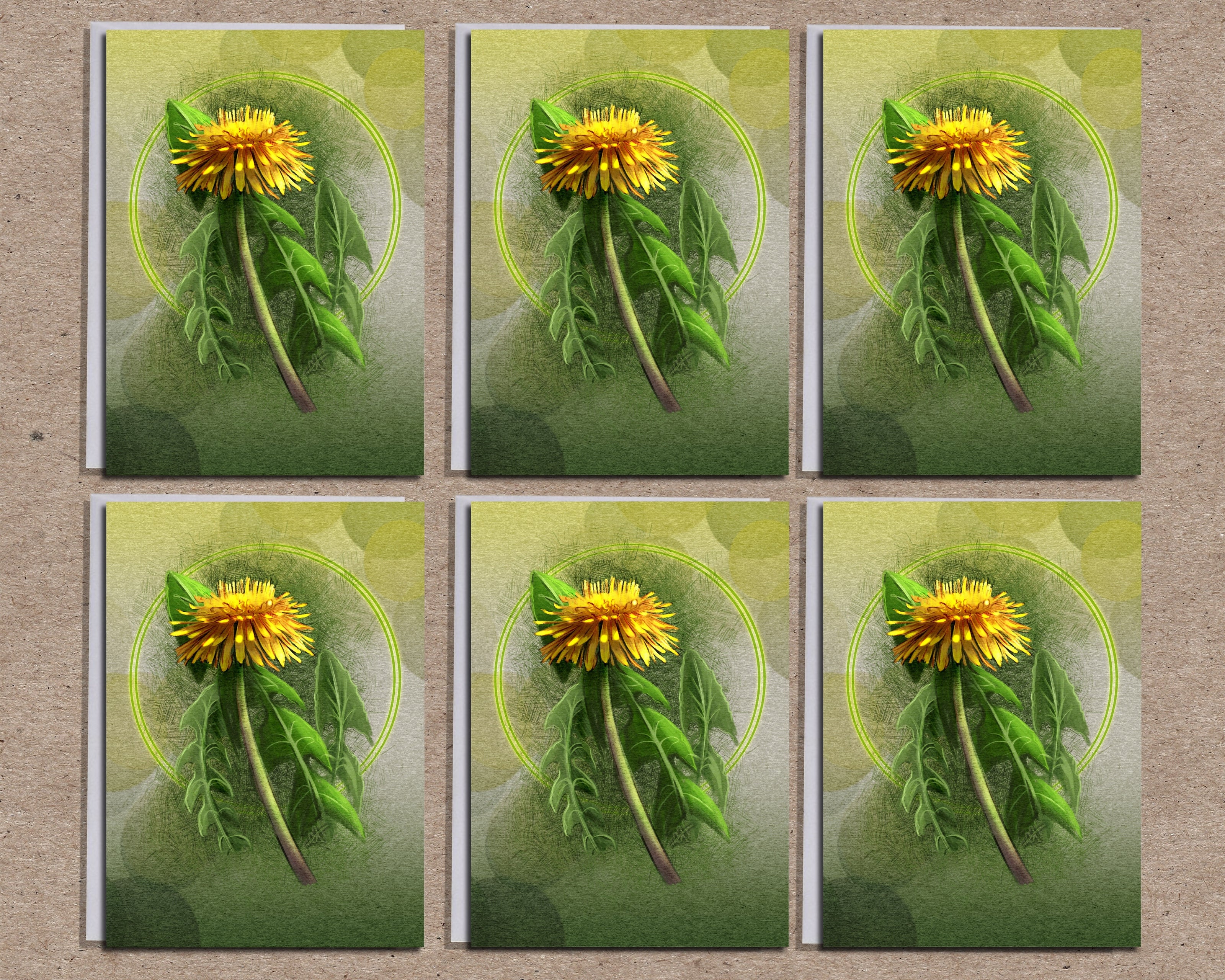 Six identical images of a dandelion flower with green leaves on a textured beige background.