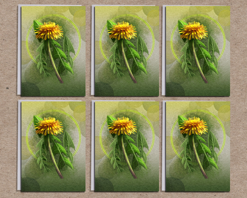 Six identical images of a dandelion flower with green leaves on a textured beige background.
