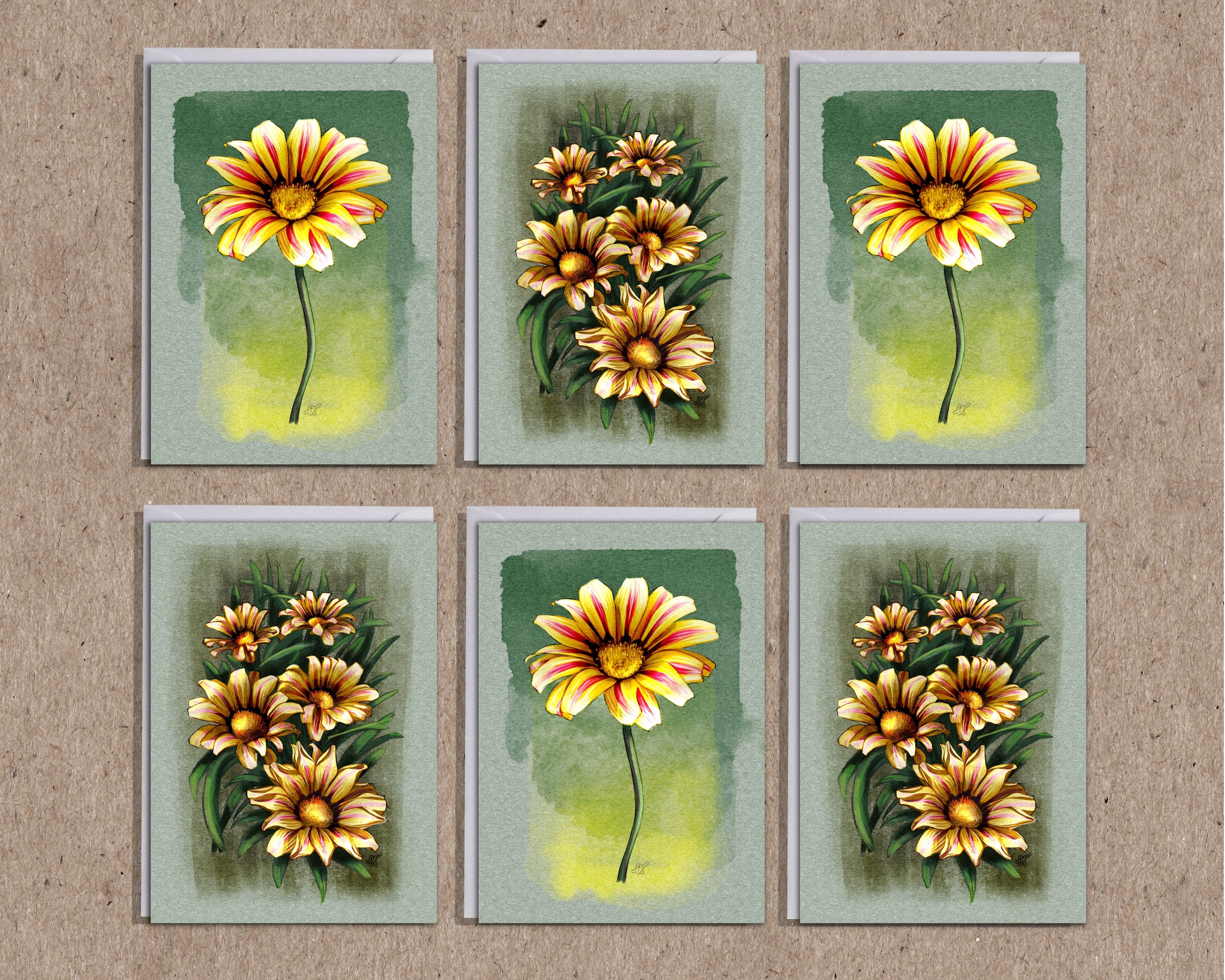 Set of six floral cards with sunflowers on a textured brown background