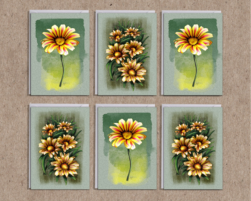Set of six floral cards with sunflowers on a textured brown background