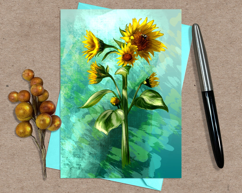 Greeting card with sunflower design on a textured surface with a pen and decorative elements.
