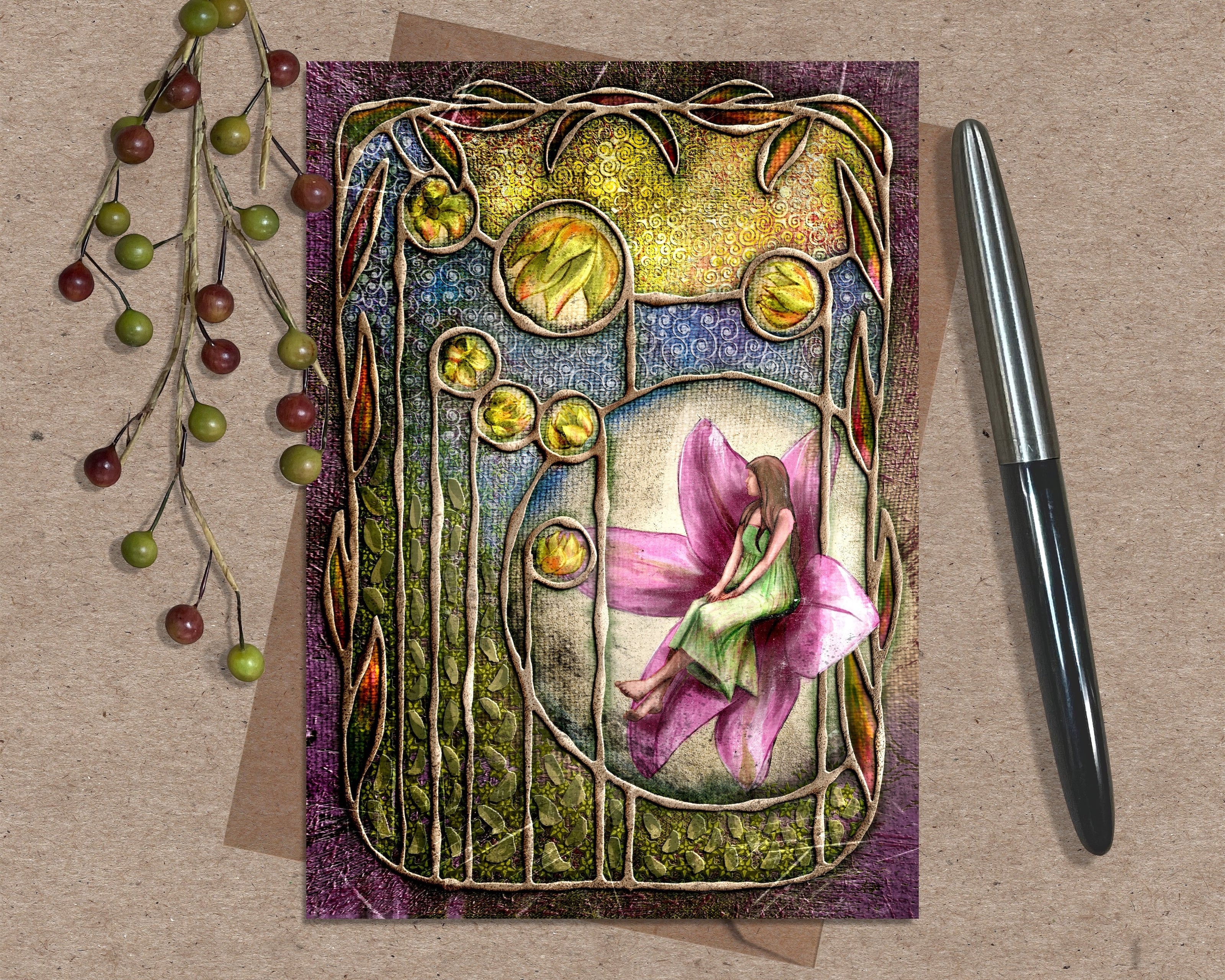 Decorative card with a fairy design on a textured surface with a pen and decorative elements.