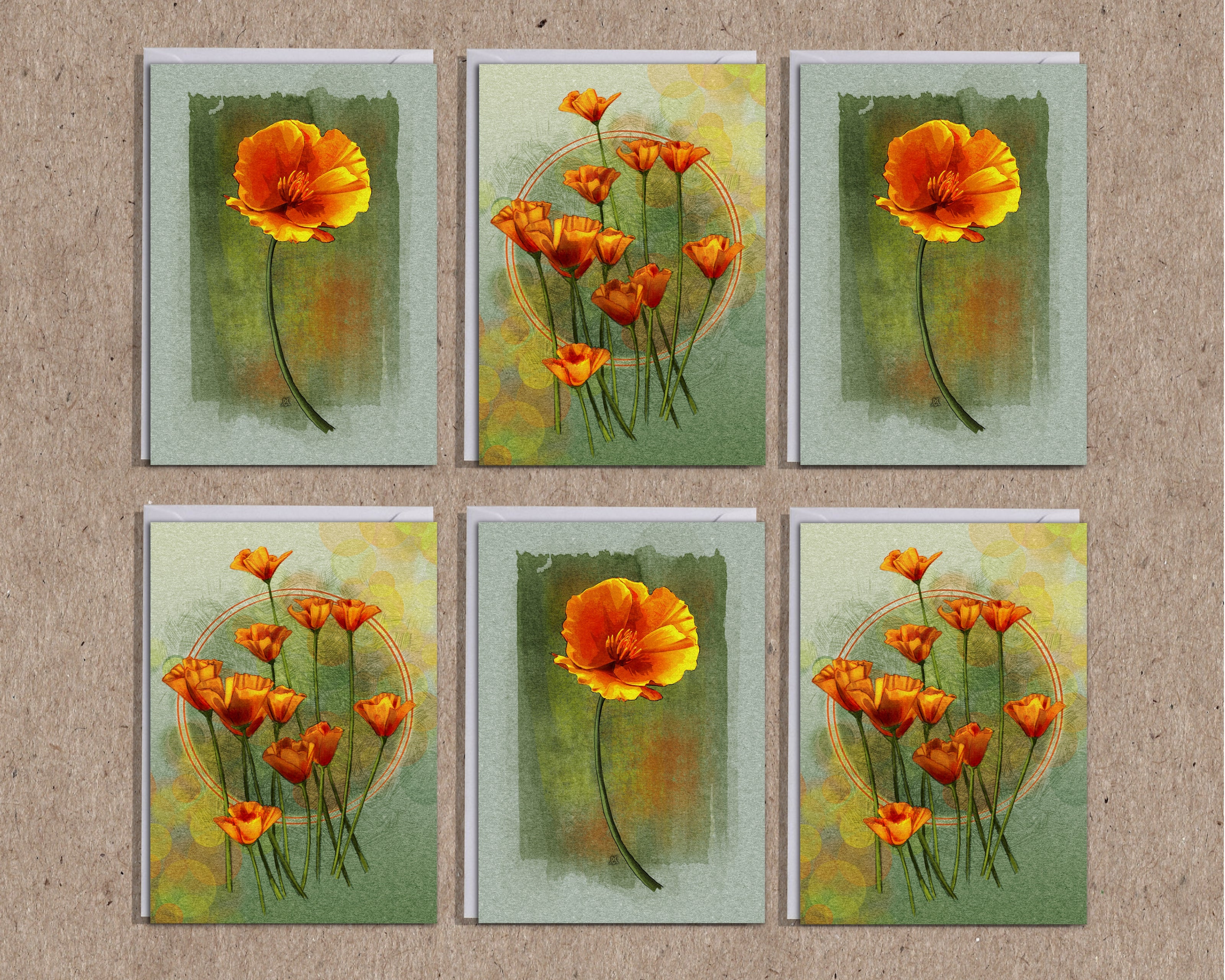 Set of six floral greeting cards with orange flowers on a textured beige background
