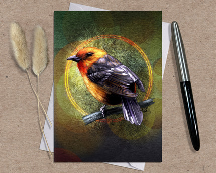 Card with a colorful bird illustration on a textured surface with a pen and dried plants.