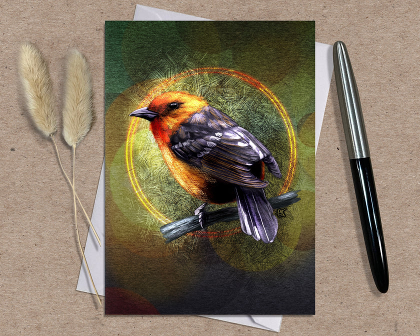 Card with a colorful bird illustration on a textured surface with a pen and dried plants.