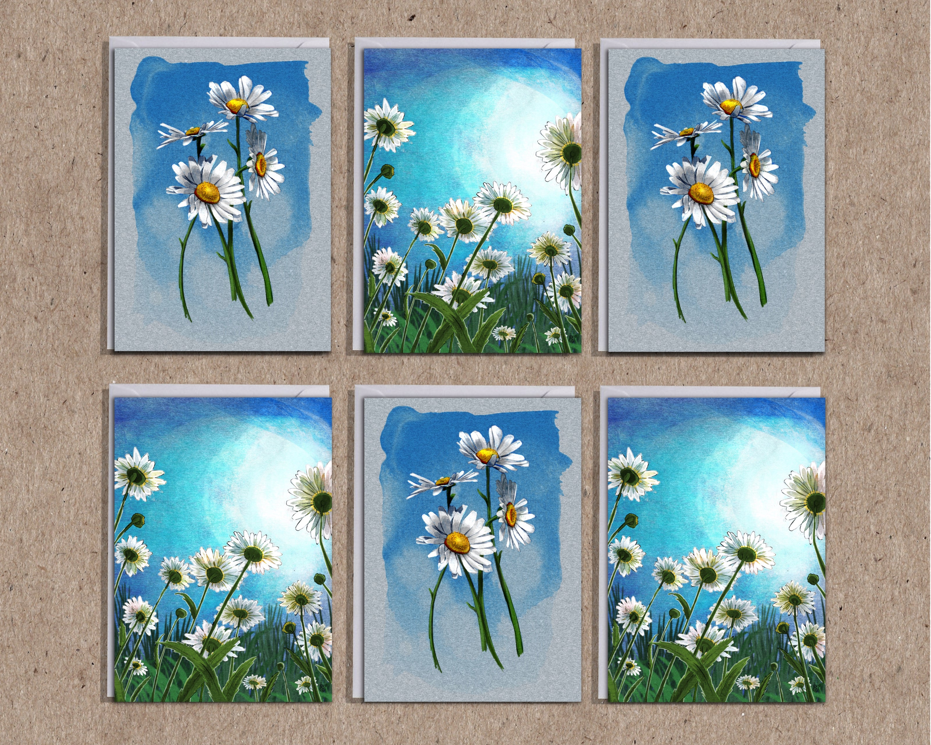 Set of six floral paintings with daisies on a textured beige background