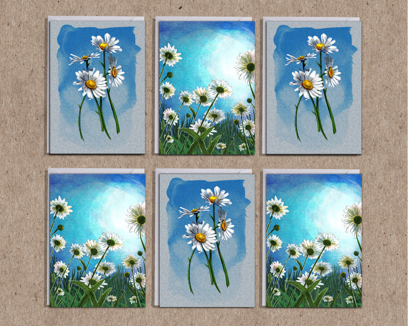 Set of six floral paintings with daisies on a textured beige background