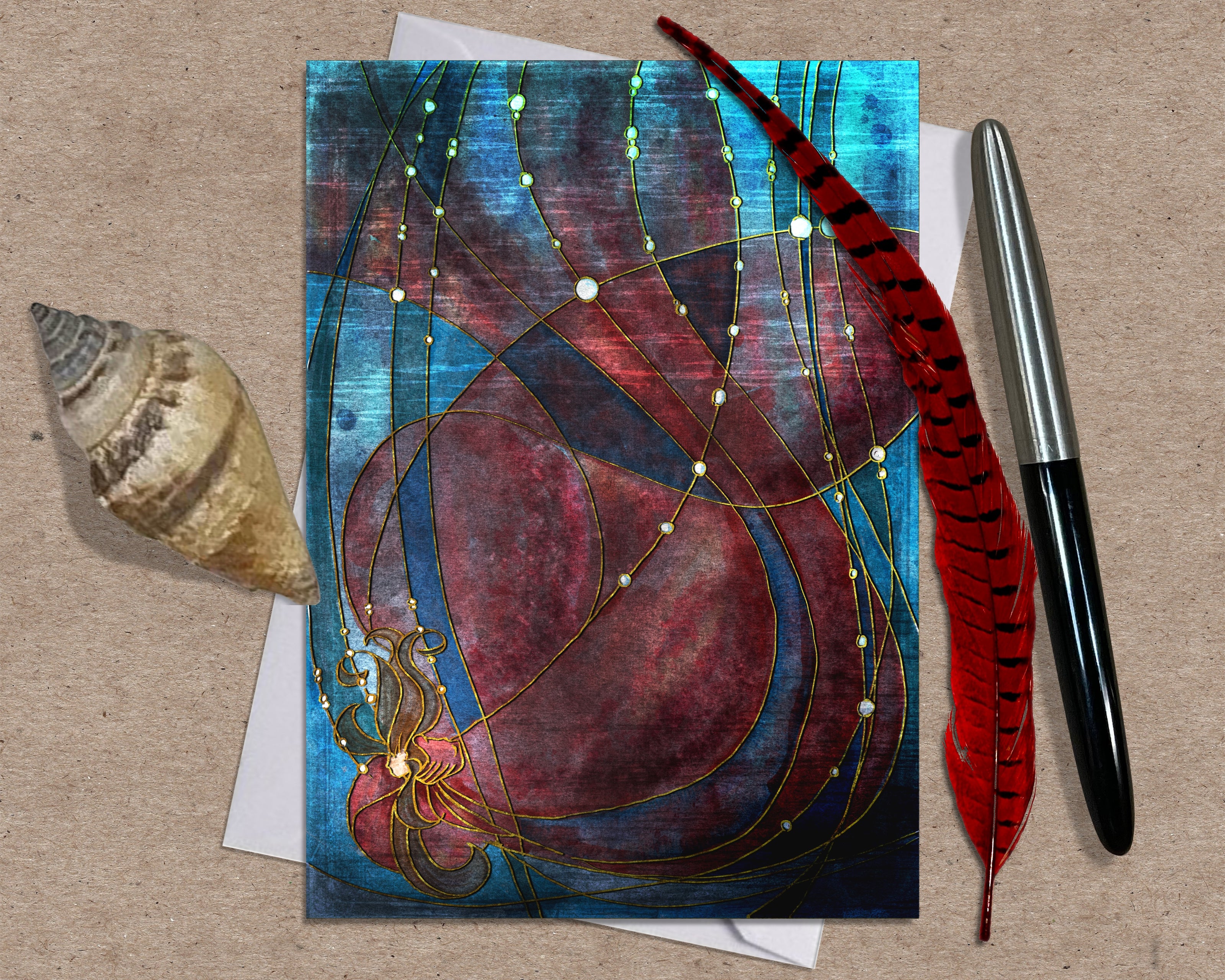 Decorative greeting card with abstract design, feather, pen, and shell on a textured surface