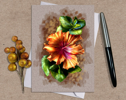 Golden Orange Hibiscus Single Greeting Card