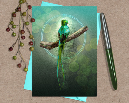 Greeting card with a green parrot design on a brown surface with a pen and decorative branch.