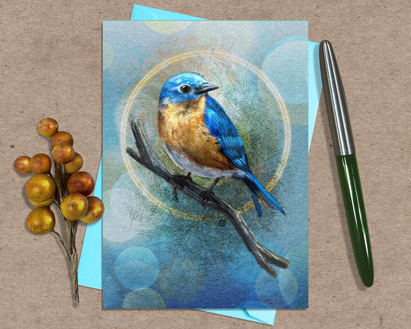 Greeting card with a blue bird illustration on a textured surface with a pen and berries.