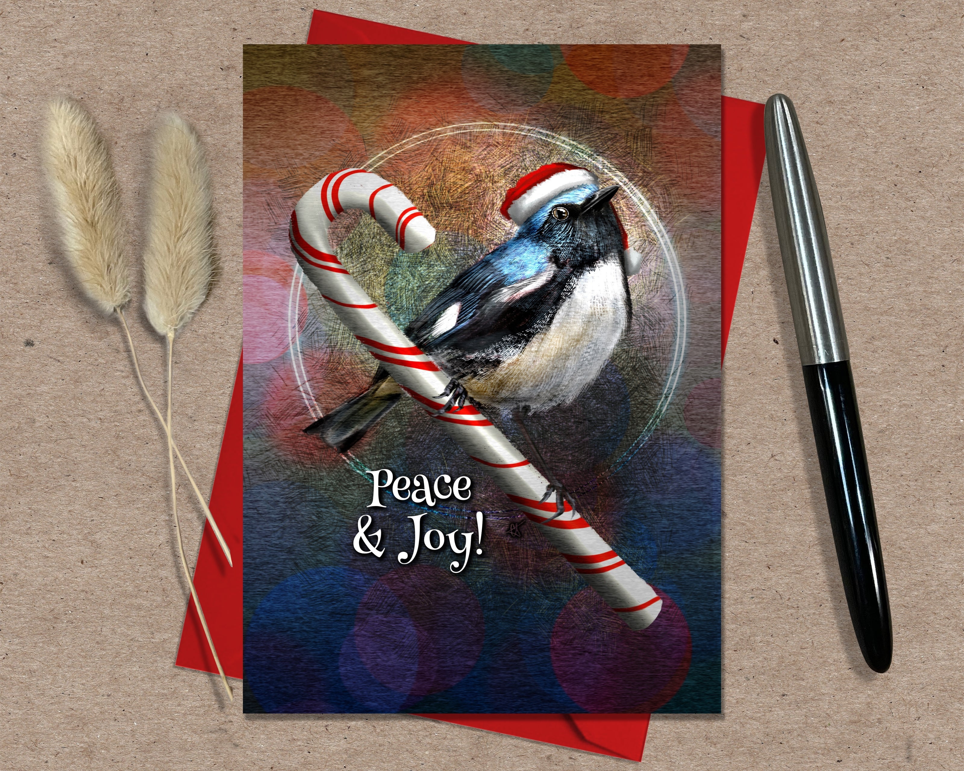 Christmas card with a bird holding a candy cane, featuring 'Peace & Joy!' text, on a red envelope with a pen and decorative elements.