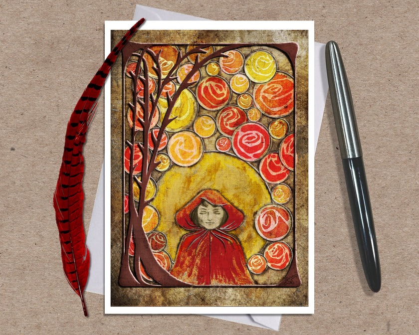 Greeting card with autumn-themed design featuring a person in a red hood and colorful leaves on a brown background.