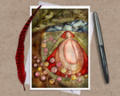 Greeting card with artistic illustration of a woman surrounded by flowers and leaves on a brown background.