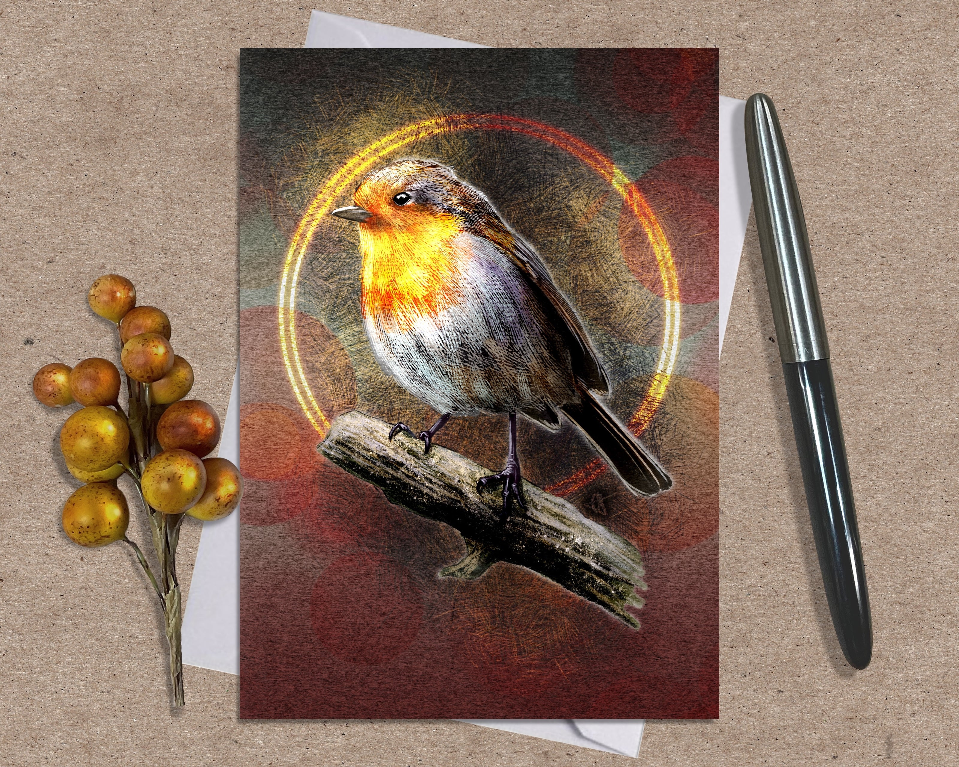 Card with a robin design on a textured surface with a pen and decorative branch.