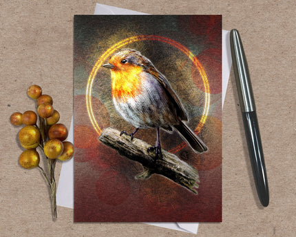 Card with a robin design on a textured surface with a pen and decorative branch.