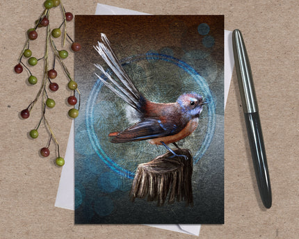Greeting card with a bird illustration on a textured surface with a pen and decorative elements.