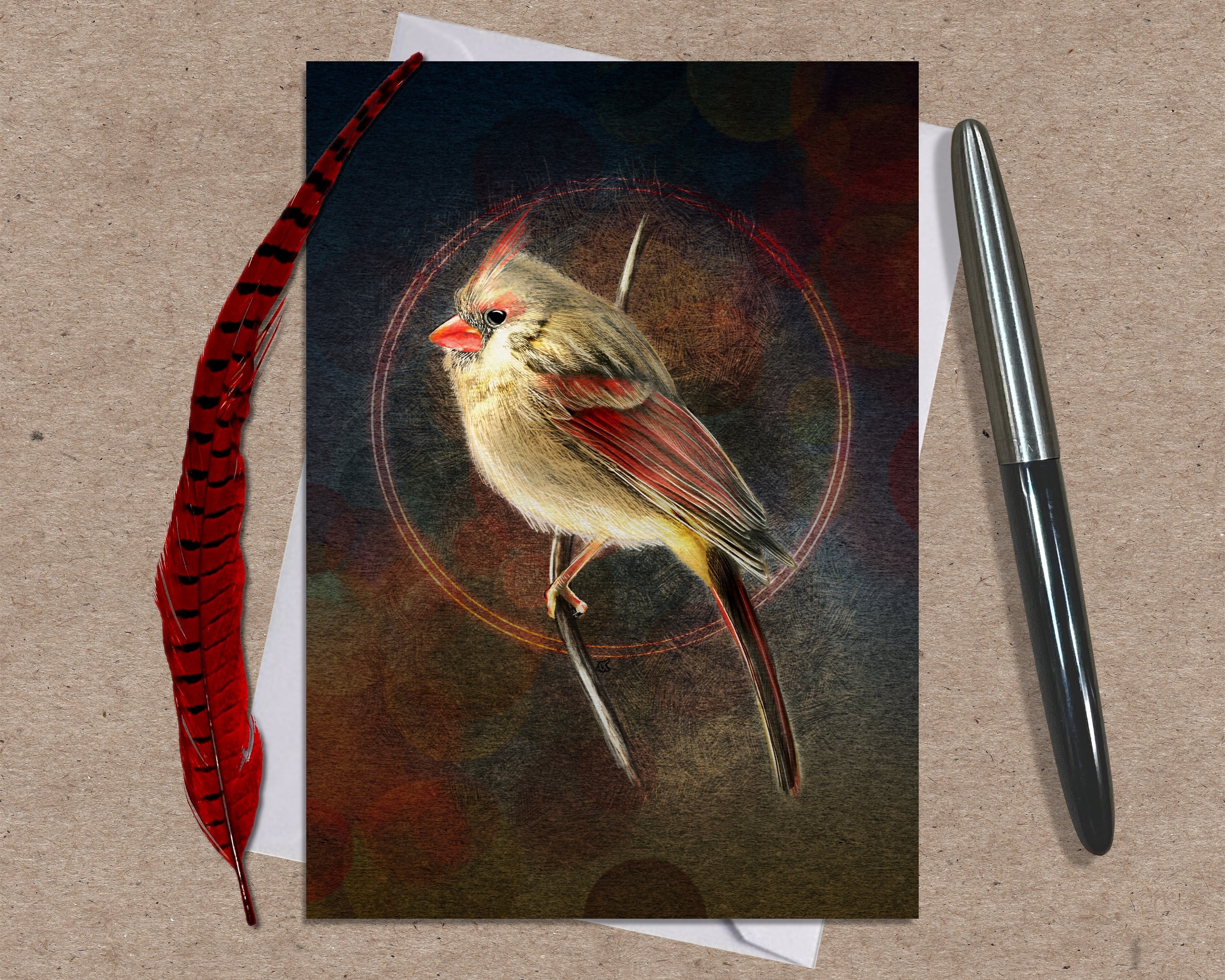 Card with a bird illustration on a textured surface with a pen and feather.