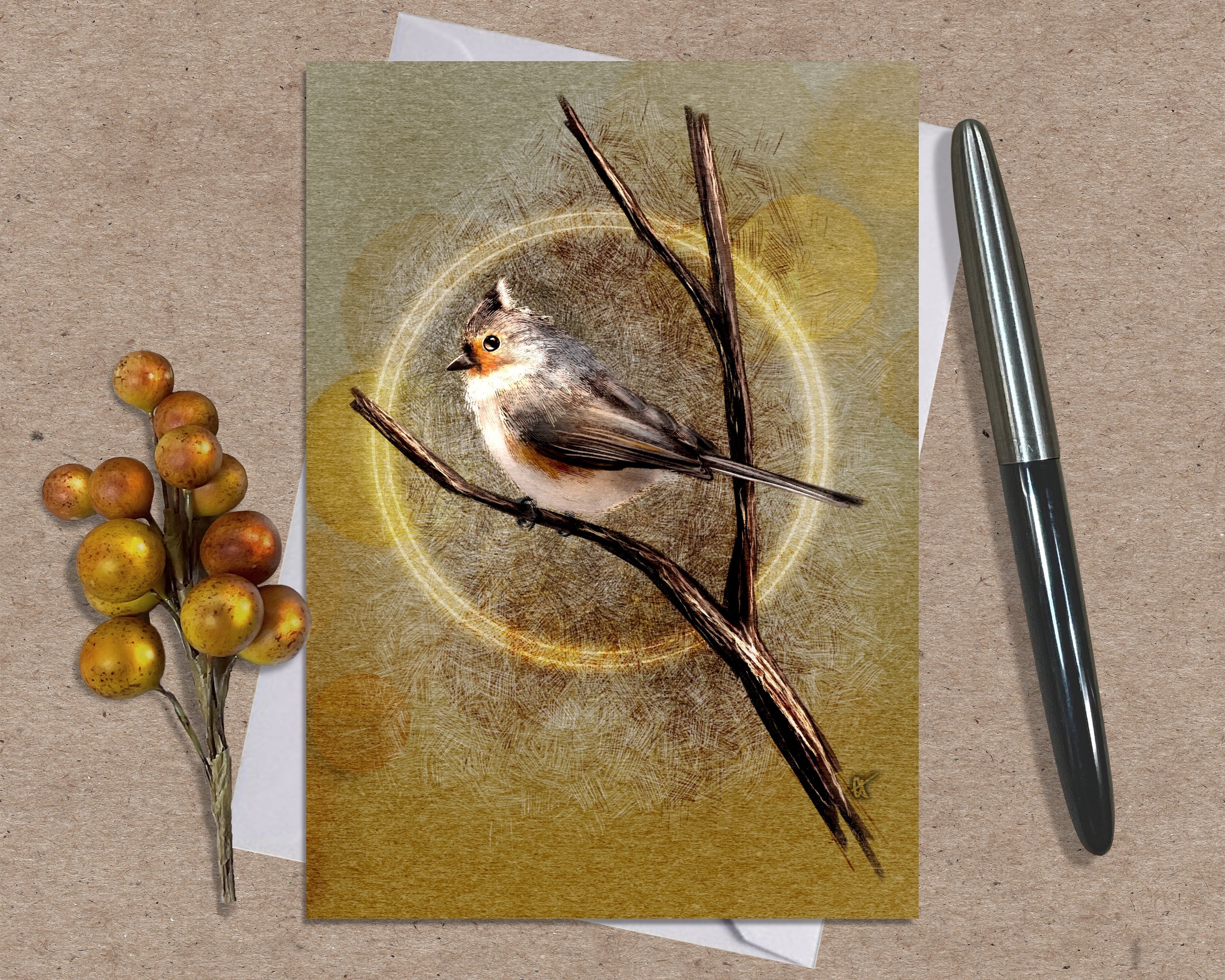 Greeting card with a bird illustration on a branch, surrounded by berries and a pen on a textured surface.