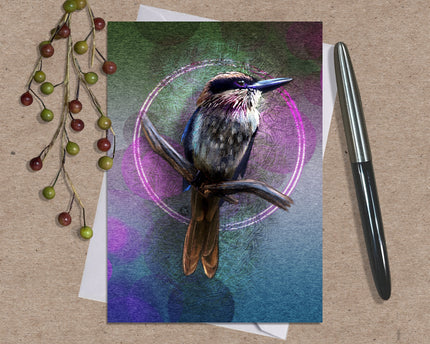 Greeting card with a bird illustration on a textured surface with a pen and decorative elements.
