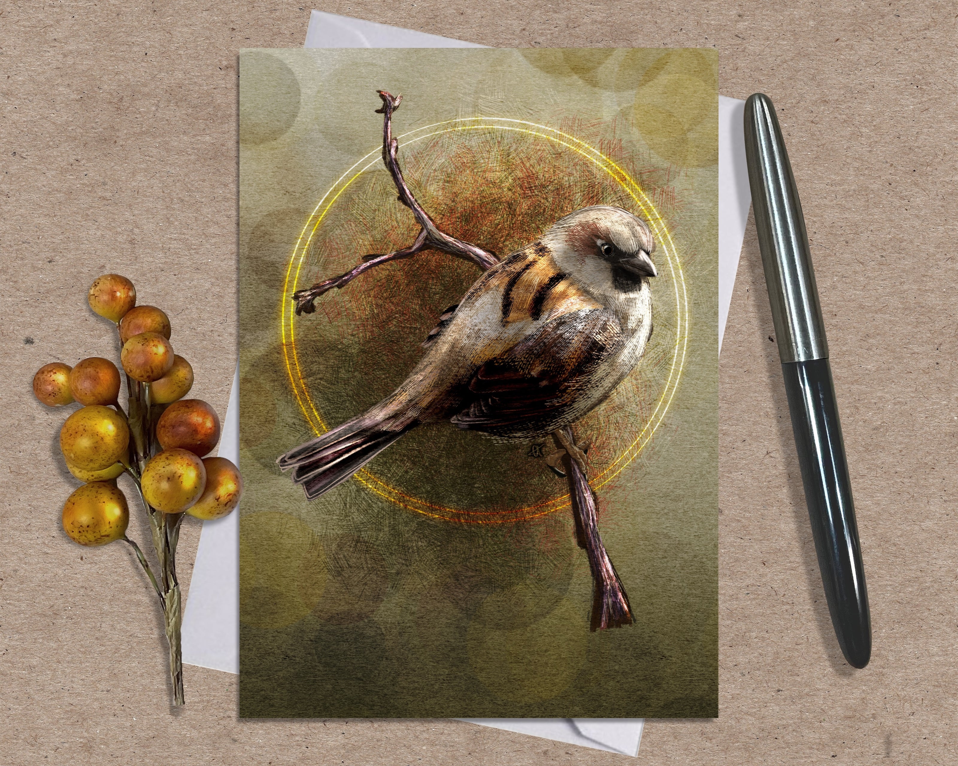 Greeting card with a bird illustration on a textured surface with a pen and decorative branch.