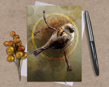 Greeting card with a bird illustration on a textured surface with a pen and decorative branch.