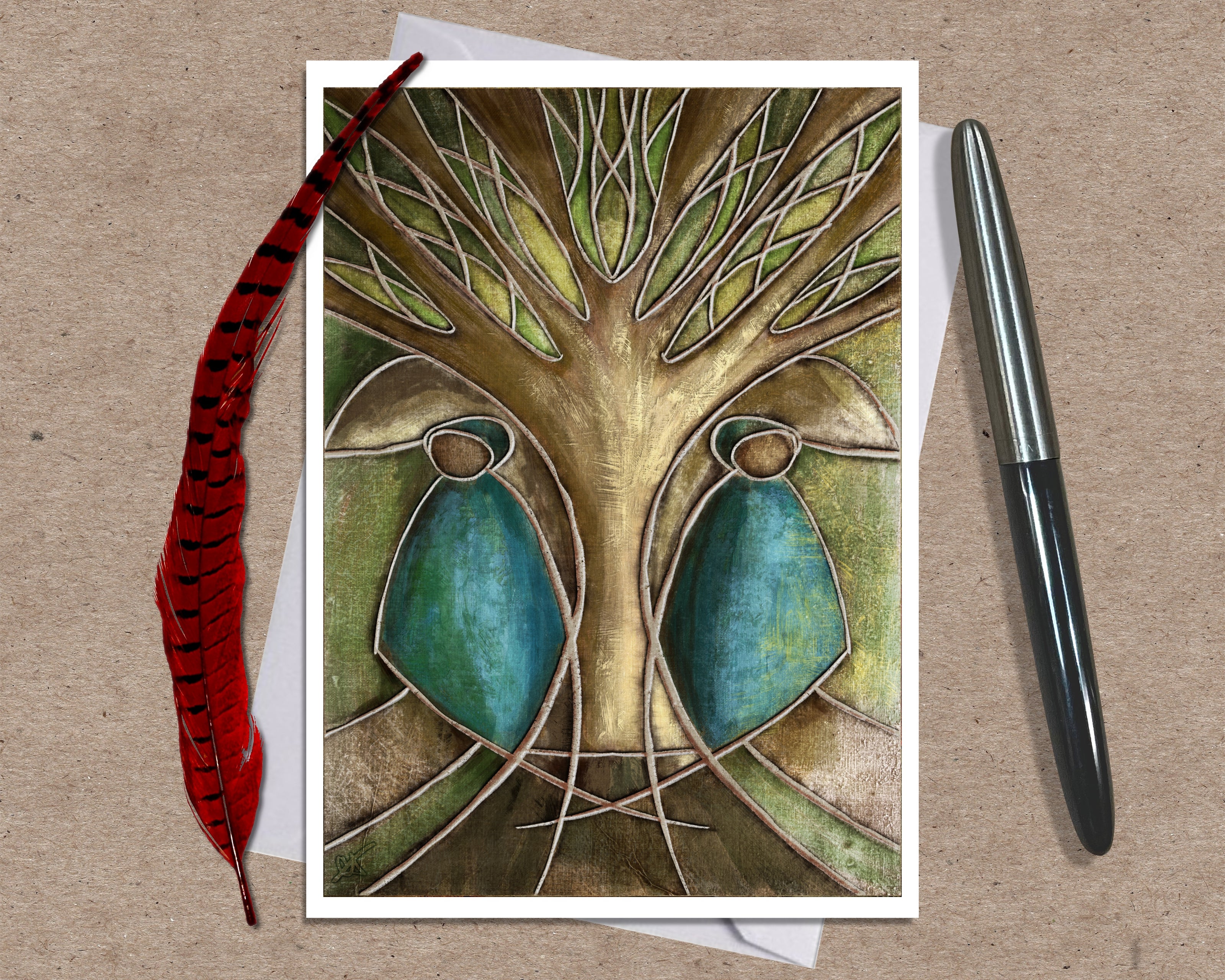 Greeting card with two blue birds and a tree design on a brown background