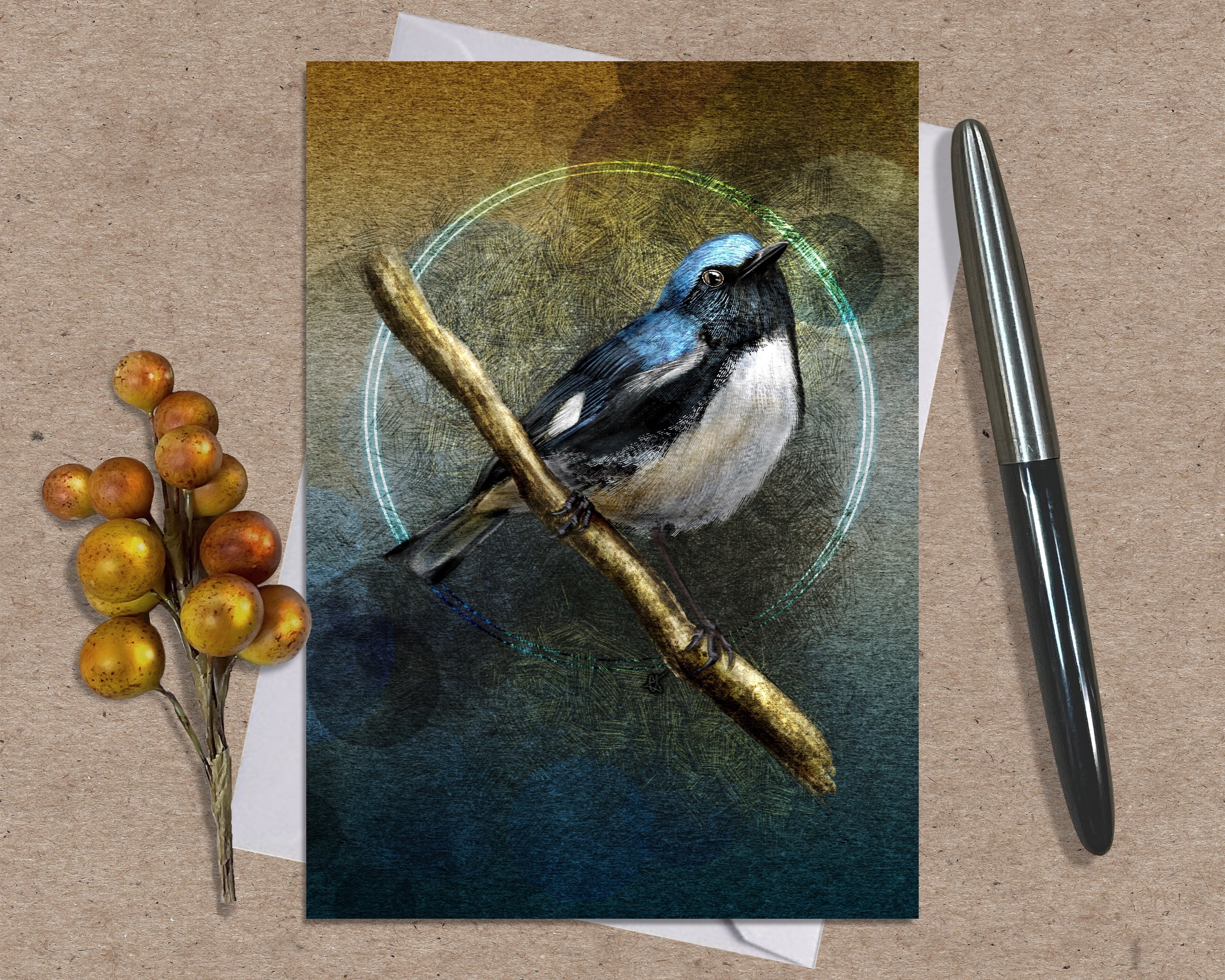 Greeting card with a bird illustration on a branch, surrounded by berries and a pen on a textured surface.