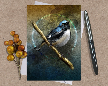 Greeting card with a bird illustration on a branch, surrounded by berries and a pen on a textured surface.