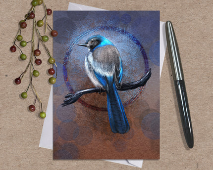 Greeting card with a blue bird illustration on a textured surface with a pen and decorative elements.