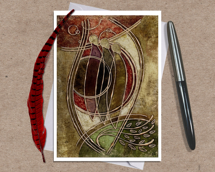 Decorative greeting card with abstract design on a textured surface with a pen and feather.