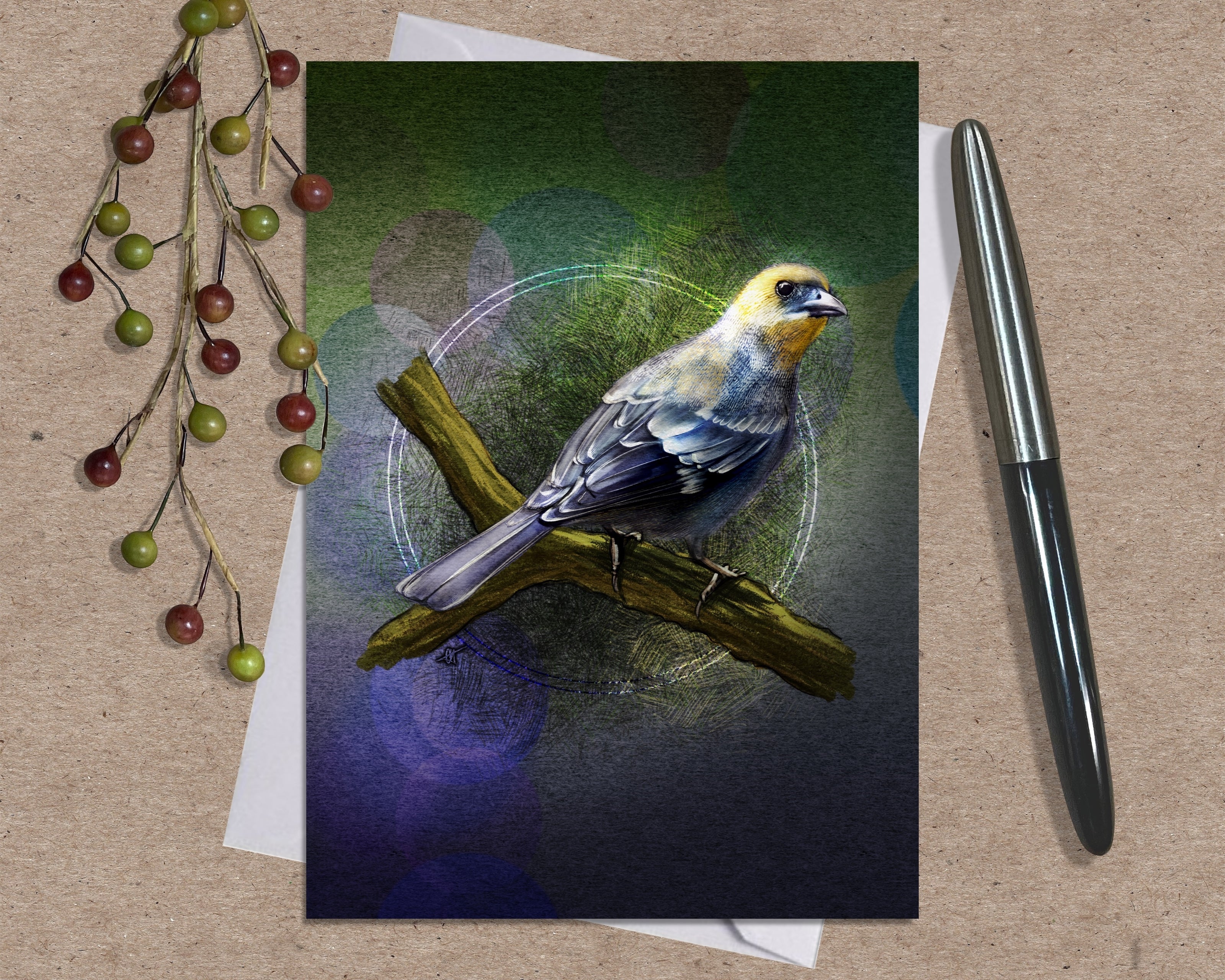 Greeting card with a bird illustration on a brown surface with a pen and decorative elements.