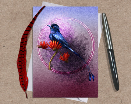 Greeting card with a blue bird and red flowers on a purple background, accompanied by a pen and feather.